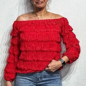 NF Red Off Shoulder Tiered Ruched Blouse Sz O/S NWT